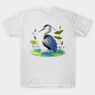 Kawaii Anime Heron Bath With Water Lily T-Shirt